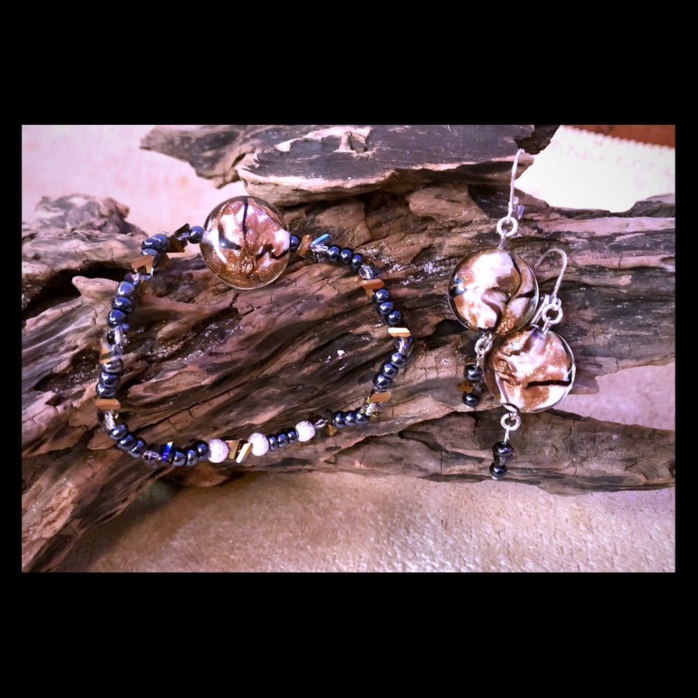 Handcrafted Black and Gold Bracelet & Earring Set